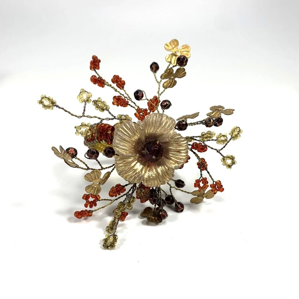 Vintage‎ Pier 1 Napkin Rings Gold Tone Metal Floral Red & Gold Beaded -Set Of 8